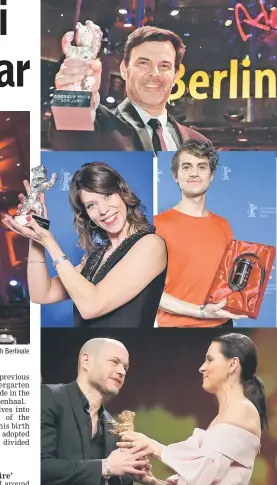  ??  ?? Director Lapid poses with the Golden bear for best film for ‘Synonyms’ on the red carpet after the awards ceremony of the 69th Berlinale film festival on Saturday in Berlin. (Below) Binoche poses on the red carpet before the awards ceremony. — AFP photos (From top) Ozon poses with the Silver Bear grand jury prize for ‘By the Grace of God’; Director and writer Fingscheid­t with the Silver Bear Alfred Bauer Prize for ‘System Crasher’; Director Mehmet Akif Büyükatala­y poses with the GWFF Best First Feature Award for the film ‘Oray’; and Lapid recieves the Golden Bear for Best Film from Binoche. — AFP/Reuters photos