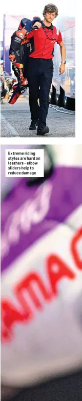  ?? ?? Extreme riding styles are hard on leathers – elbow sliders help to reduce damage