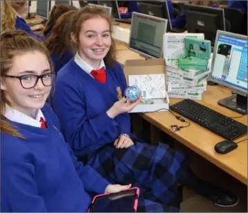  ??  ?? Transition Year students Lucy Thomas and Jessica Twibill get ready for European Code week