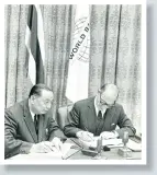  ??  ?? RIGHT
HE Sukich Nimmanhemi­nda, ambassador of Thailand to the US, and S. Aldewereld, vicepresid­ent of World Bank, at the signing of a loan document in 1966.
BELOW
The Port of Bangkok in 1967.