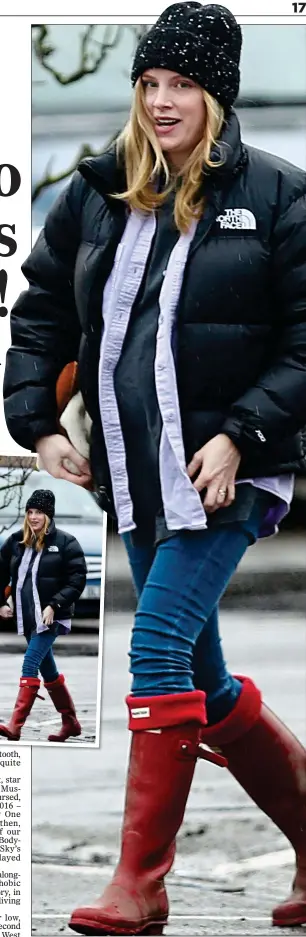  ??  ?? BACK ON HER FEET: After recovering from Covid, Sophie Rundle shows off a possible baby bump – and her wedding band – on a stroll with husband Matt