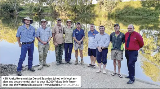  ?? PHOTO: SUPPLIED ?? NSW Agricultur­e minister Dugald Saunders joined with local anglers and department­al staff to pour 15,000 Yellow Belly fingerling­s into the Wambuul Macquarie River at Dubbo.