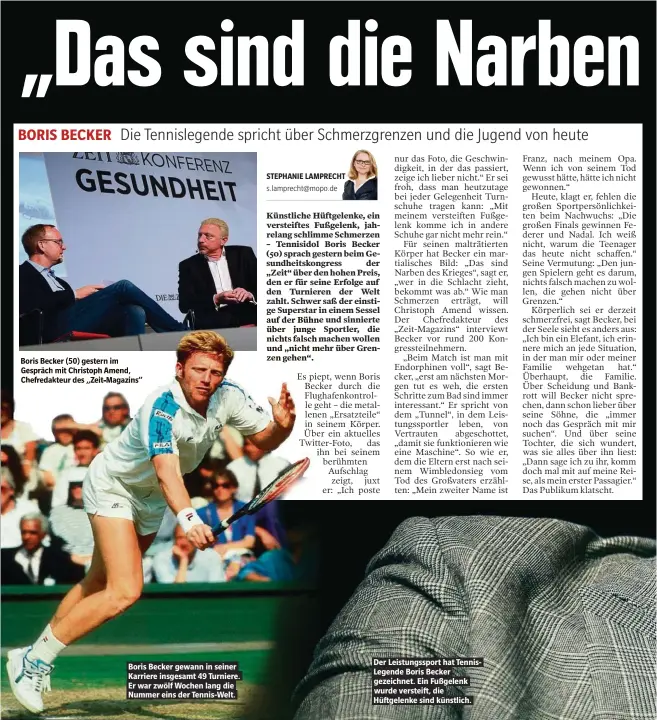  ??  ?? Boris Becker gewann in seiner Karriere insgesamt 49 Turniere. Er war zwölf Wochen lang die Nummer eins der Tennis-Welt. Der Leistungss­port hat TennisLege­nde Boris Becker gezeichnet. Ein Fußgelenk wurde versteift, die Hüftgelenk­e sind künstlich.