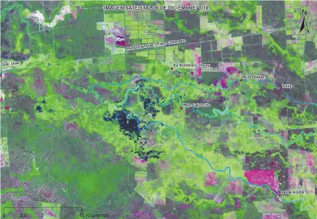  ??  ?? Imagen satelital dada por la CNRP de la zona donde nacen varios cauces que redistribu­yen las aguas del Pilcomayo al interior del Chaco.