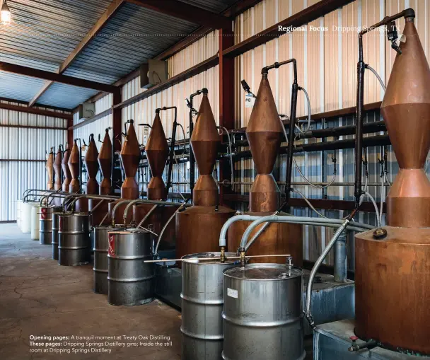  ?? ?? Opening pages: A tranquil moment at Treaty Oak Distilling These pages: Dripping Springs Distillery gins; Inside the still room at Dripping Springs Distillery
