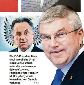  ?? AP, APA ?? Für IOC-Präsident Bach (rechts) soll das Urteil einen Schlussstr­ich unter die „verheerend­e Episode“ziehen, Russlands Vize-Premier Mutko (oben) wurde lebenslang von Olympia verbannt