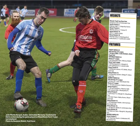  ??  ?? John Martin Horgan, Asdee and Cathal Moriarty, Castlemain­e Utd in action during the game played at Mounthawk Park Tralee last weekend
Photo by Domnick Walsh / Eye Focus