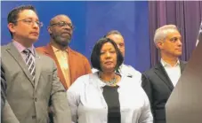  ?? | FRAN SPIELMAN/ SUN- TIMES ?? Mayor Rahm Emanuel was joined by aldermen including ( from left) Ray Lopez ( 15th), Willie Cochran ( 20th) and Toni Foulkes ( 16th), as well as Anthony Riccio, first deputy superinten­dent of the Chicago Police Department, at a news conference Monday.