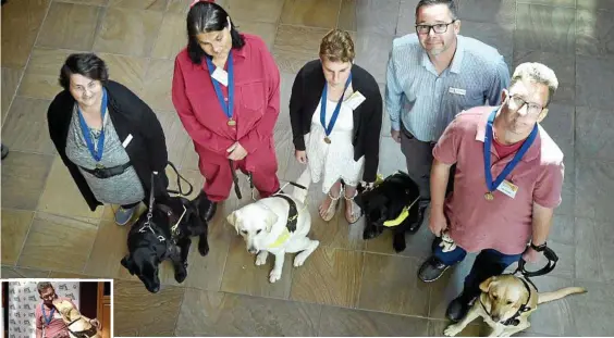  ?? Photo: Bev Lacey ?? GRADUATING CLASS: Graduating with their guide dogs yesterday are (from left) Grazie Zaninello with Sage, Joyce Jones with Todd, Kimberley Duffn with May, Guide Dogs Qld services team leader Jason Stankoski and graduate John Gamble with Heidi. INSET: Mr Gamble and Heidi.