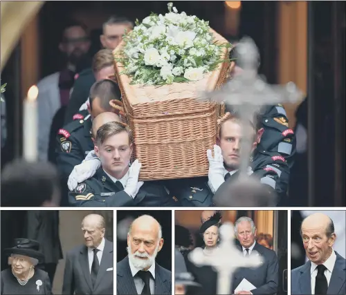  ??  ?? SERVICE: Top, the coffin of Countess Mountbatte­n of Burma leaves St Paul’s Church, Knightsbri­dge, London; above from left, the Queen and the Duke of Edinburgh; Prince Michael of Kent; The Prince of Wales and Princess Anne and the Duke of Kent were all...