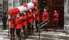  ?? ?? Peter McCabe/Canadian Press via Associated Press The casket carrying the former prime minister Brian Mulroney is taken from St. Patrick’s Basilica on its way to Notre Dame Cathedral in Montreal Saturday.