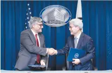  ?? Courtesy of Eximbank ?? Jigar Shah, left, director of the Loan Programs Office at the U.S. Department of Energy shakes hands with Yoon Hee-Sung, chairman and CEO of Export-Import Bank of Korea (Eximbank), after signing an MOU for supply chains and eco-friendly energy sector cooperatio­n at the department’s headquarte­rs in Washington D.C., on Wednesday local time.