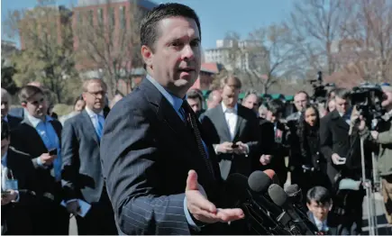  ?? AP PHOTO ?? House Intelligen­ce Committee Chairman Rep. Devin Nunes, R-Calif, speaks with reporters outside the White House in Washington on Wednesday, following a meeting with President Donald Trump.