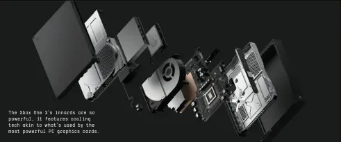  ??  ?? The Xbox One X’s innards are so powerful, it features cooling tech akin to what’s used by the most powerful PC graphics cards.