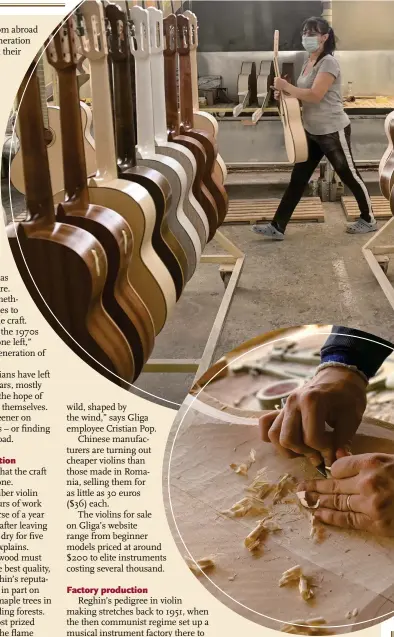  ?? Photos: AFP ?? Top: A woman prepares guitars to be varnished at the Hora musical instrument­s factory in Reghin, Romania on January 22.
A wood worker shapes a cello face at the Gliga musical instrument­s factory in Reghin, Romania on January 22.