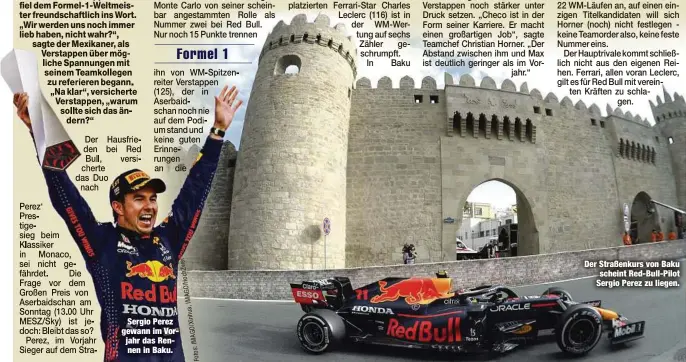  ?? ?? Sergio Perez gewann im Vorjahr das Rennen in Baku.
Der Straßenkur­s von Baku scheint Red-Bull-Pilot Sergio Perez zu liegen.