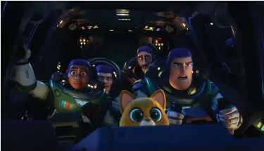  ?? DISNEY/ PIXAR ?? Space Ranger wannabes Izzy Hawthorne (voice of Keke Palmer), Darby Steel (Dale Soules) and Mo Morrison (Taika Waititi) take off with Buzz Lightyear (Chris Evans) and his robotic cat Sox (Peter Sohn).