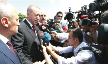  ??  ?? Erdogan speaking to journalist­s during his visit to the flooded area in the Black Sea province of Ordu, on August 11. – Reuters photo