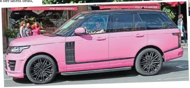  ??  ?? Flash: Katie in her bright pink Range Rover and, above, her Sussex mansion with its unkempt tennis court and swimming pool filled with stagnant water