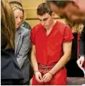  ?? MIKE STOCKER / SOUTH FLORIDA SUN-SENTINEL ?? Nikolas Cruz appears in court Feb.
19 in Fort Lauderdale. On the evening of Feb. 14, his host family saw him in custody, where he mouthed:
“I’m sorry.”