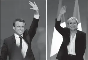  ?? The Associated Press ?? PRESIDENTI­AL CANDIDATES: In this photo combinatio­n, French centrist presidenti­al candidate Emmanuel Macron, left, waves before he addresses his supporters Sunday at his election day headquarte­rs in Paris, and far-right candidate for the presidenti­al...