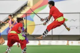  ?? — PTI ?? Artistes perform during an event organised to mark the visit of Internatio­nal Olympic Committee chief Thomas Bach at Dhyan Chand National Stadium on Thursday.