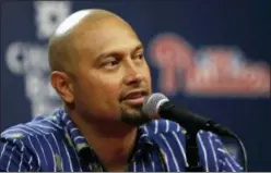  ?? JACQUELINE LARMA — THE ASSOCIATED PRESS ?? Former Phillies centerfiel­der Shane Victorino talks at a press gathering prior to Friday night’s game against the Marlins at Citizens Bank Park.