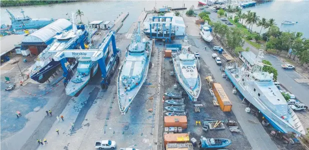  ??  ?? SHIP SHAPE: Norship Marine with a line-up of vessels, including commercial and defence boats, at their Tingira St property, Portsmith.