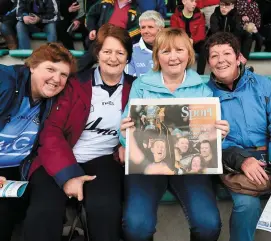  ?? SPORTSFILE ?? Dublin fans Brenda Byrne, Linda Coventry, Dolores Caffrey and Helen Walsh, all from Blanchards­town, with Saturday’s Irish Independen­t in Tralee