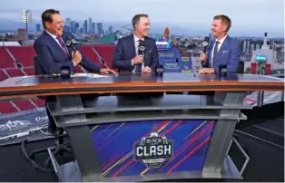  ?? FRANK MICELOTTA/FOX SPORTS VIA AP ?? Host Chris Myers, left, and analysts Kevin Harvick, center, and Clint Bowyer talk Feb. 3 about the 2024 NASCAR Clash at the Coliseum in Los Angeles.