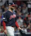  ?? THE ASSOCIATED PRESS FILE ?? Indians starting pitcher Corey Kluber walks to the dugout in the fourth inning of Game 5 against the Yankees in a American League Division Series on Oct. 11 after being taken out of the game.