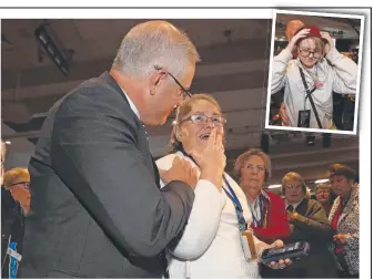  ?? Picture: ALEX COPPEL ?? The PM helps Margaret Baxter, who was knocked over after an egg was thrown at him by Amber Holt (inset).