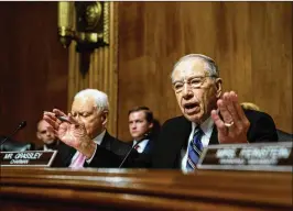  ?? ANDREW HARNIK/POOL/ABACA PRESS/TNS ?? Senate Judiciary Committee Chairman Chuck Grassley speaks at Christine Blasey Ford’s hearing. Other than Grassley, the panel’s other Republican­s were mum, relying on sex crimes prosecutor Rachel Mitchell to ask questions.