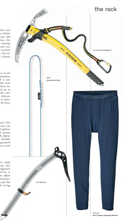  ??  ?? Petzl Sum’Tec DMM Dynatec 8mm Sling Grivel Air Tech Evolution T Patagonia Men’s Capilene Lightweigh­t Bottoms