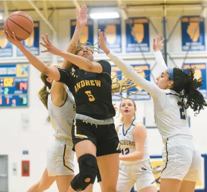  ?? STEVE JOHNSTON/DAILY SOUTHTOWN PHOTOS ?? Andrew’s Skye Echols drives the lane against Sandburg during a SouthWest Suburban Conference crossover on Jan. 17.