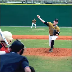  ?? File-TIM GODBEE / For the Calhoun Times ?? Calhoun’s Ben King delivers a pitch to the plate during a game this past season. King, who overcame an arm injury that didn’t allow him to pitch his entire sophomore season, committed to Georgia Tech recently.