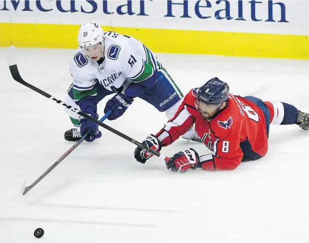  ?? — NICK WASS/THE ASSOCIATED PRESS ?? The Capitals’ Alex Ovechkin battles for the puck against the Canucks’ Troy Stecher during a recent game. Seeing this photo brought back memories for a family friend who remembers when Stecher was a kid asking Ovechkin for his autograph at the 2006 draft in Vancouver.