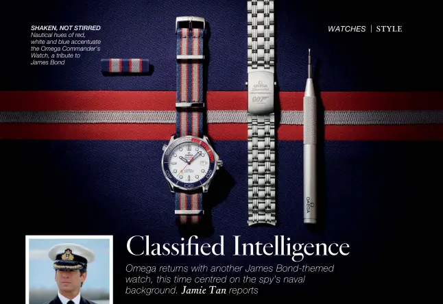  ??  ?? SHAKEN, NOT STIRRED Nautical hues of red, white and blue accentuate the Omega Commander’s Watch, a tribute to James Bond