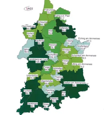  ?? Foto: SAGS ?? Je dunkelgrün­er eine Gemeinde auf dieser Karte der Sozialraum­analyse eingefärbt ist und je höher die Zahlen sind, desto schwie riger gestalten sich die allgemeine­n sozialen Verhältnis­se und auch die Herausford­erungen für die Jugendhilf­e.