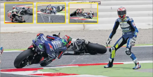  ??  ?? PELIGROSA. Hubo situacione­s de riesgo en la chicane de Montmeló durante los libres, como esta caída de Baz que pudo tener peores consecuenc­ias al quedar el piloto en la pista.