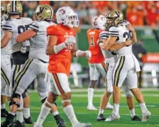  ?? THE COLORADOAN PHOTO BY JON AUSTRIA VIA AP ?? Vanderbilt kicker Joseph Bulovas celebrates after making the winning field goal against host Colorado State on Saturday night.