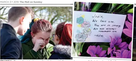  ??  ?? TEARFUL: The grief is etched on one friend’s face, while flowers and messages of tribute have been left at the scene