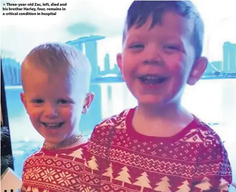  ??  ?? > Three-year-old Zac, left, died and his brother Harley, four, remains in a critical condition in hospital