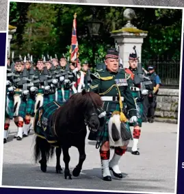  ??  ?? The Queen, Colonel-in-Chief of the Royal Regiment of Scotland, wears a regimental brooch and is reunited (above) with its mascot Lance Corporal Cruachan IV and
the Shetland pony’s handler, Pony Major Mark Wilkinson (also right)