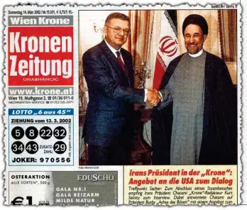  ??  ?? Vor 14 Jahren gab es schon den ersten iranischen Staatsbesu­ch in Österreich: Damals brach Präsident Chatami im „Krone“Interview ein Tabu und sprach sich für eine Öffnungspo­litik auch zu den USA aus. Die Zeit war dazu im Iran (und in den USA) aber noch...