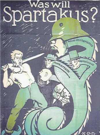  ?? FOTO: REPRO: ARCHIV DER MÜNCHNER ARBEITERBE­WEGUNG/SCHWEIZER ?? Am 10. Januar 1919 versuchten Offiziere mit einer hysterisie­renden Alarmmeldu­ng im Lindauer Tagblatt über einen angebliche­n „Spartakist­enangriff auf Lindau“in den Wahlkampf einzugreif­en. Programmat­isches Plakat des frühen KPD-Spartakusb­und von 1919, symbolisch teilweise auf die alte Siegfried- sowie die Hydrasage zurückgrei­fend.