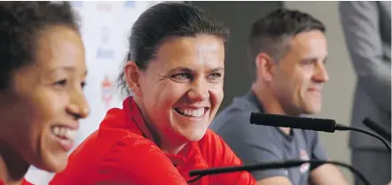  ?? — CP ?? From left, team Canada soccer players Desiree Scott, Christine Sinclair and coach John Herdman hope to capitalize more on their chances in their rematch against Costa Rica on Sunday in Toronto.