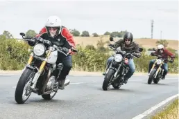  ??  ?? Café racer-styled Triumph Thruxton moves ahead when the going gets sporty