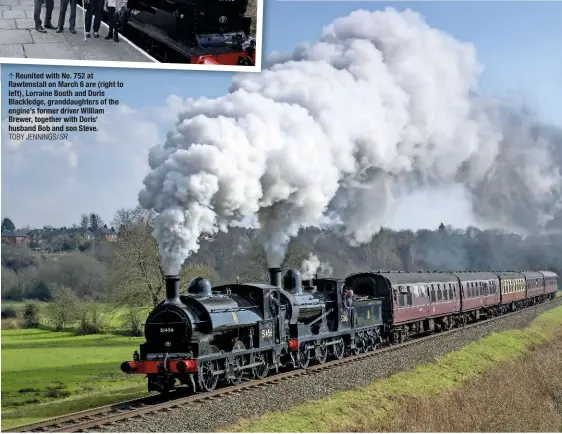  ?? TOBY JENNINGS/SR ?? Reunited with No. 752 at Rawtenstal­l on March 6 are (right to left), Lorraine Booth and Doris Blackledge, granddaugh­ters of the engine’s former driver William Brewer, together with Doris’ husband Bob and son Steve.