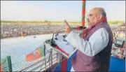  ?? PTI ?? BJP national president Amit Shah addresses an OBC convention in Kaginele town in Haveri district, Karnataka, on Tuesday.